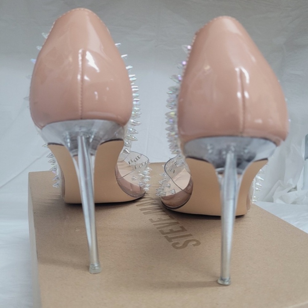 Steve Madden Tolima Clear Ecru High Heel Womens Size 9.5M Pumps Silver Studded - Picture 6 of 16